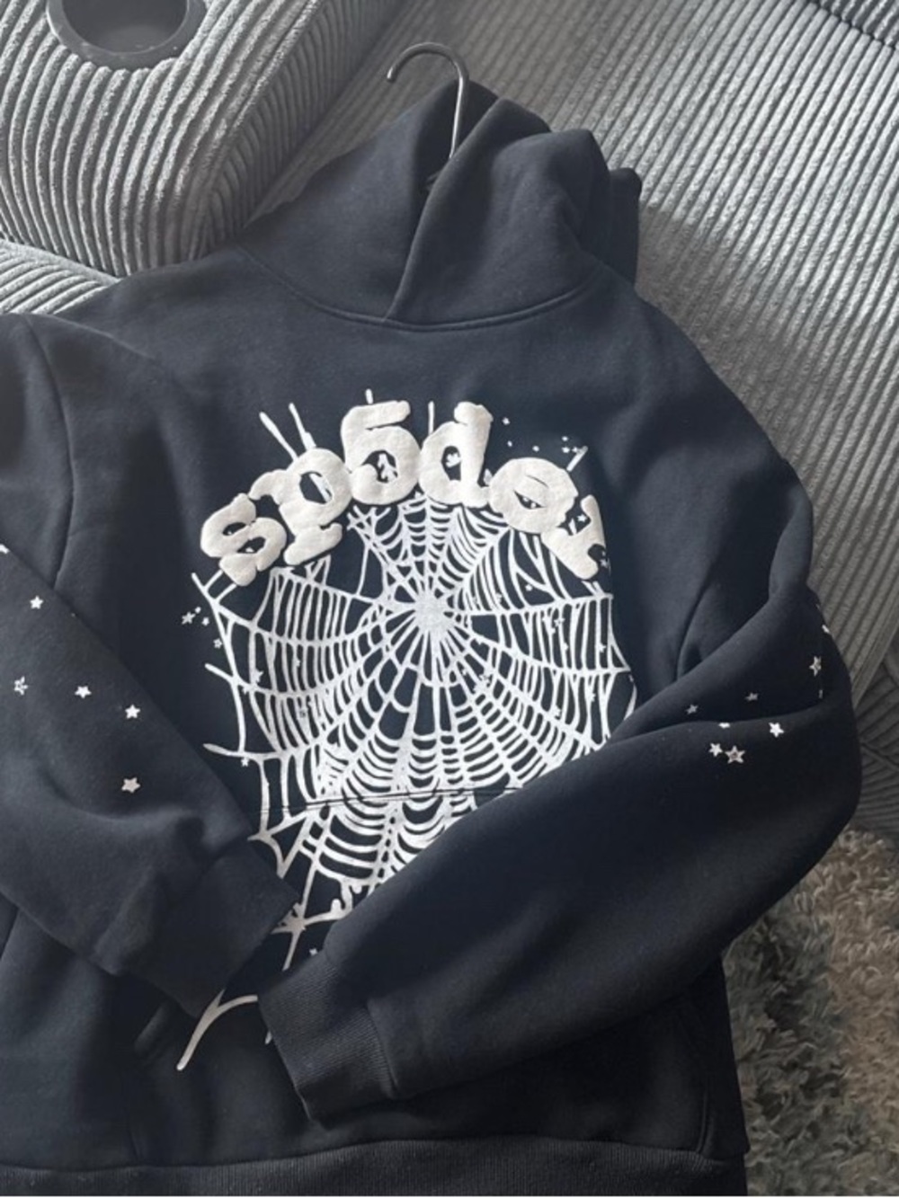 Black Hoodie with White Spiderweb Graphic and 'seedeo' Logo